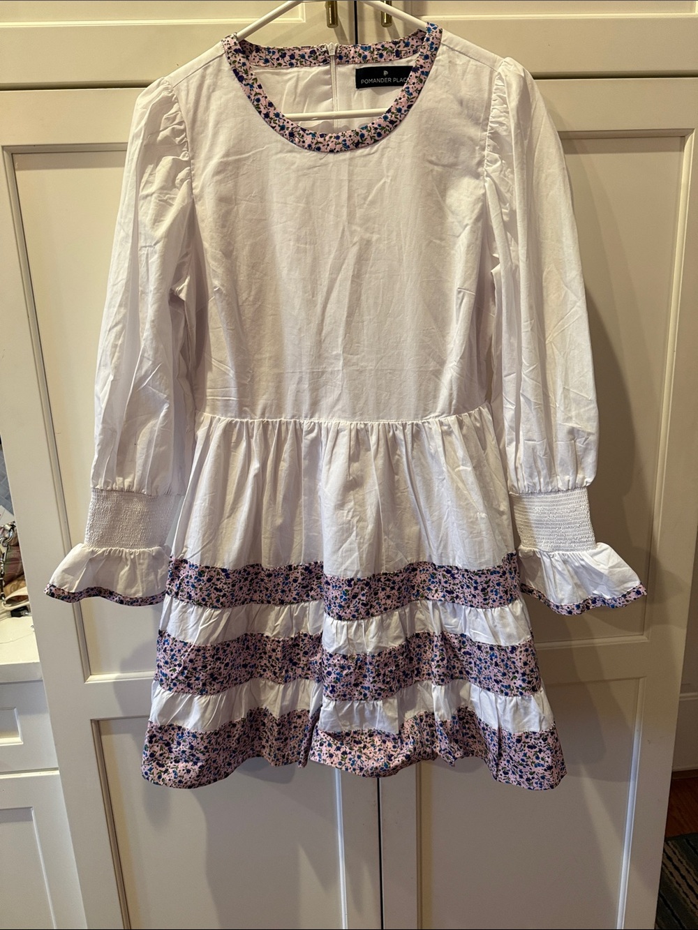 Pomander Place Fran White Long-Sleeve Dress Floral Trim XS100% cotton Tuckernuck